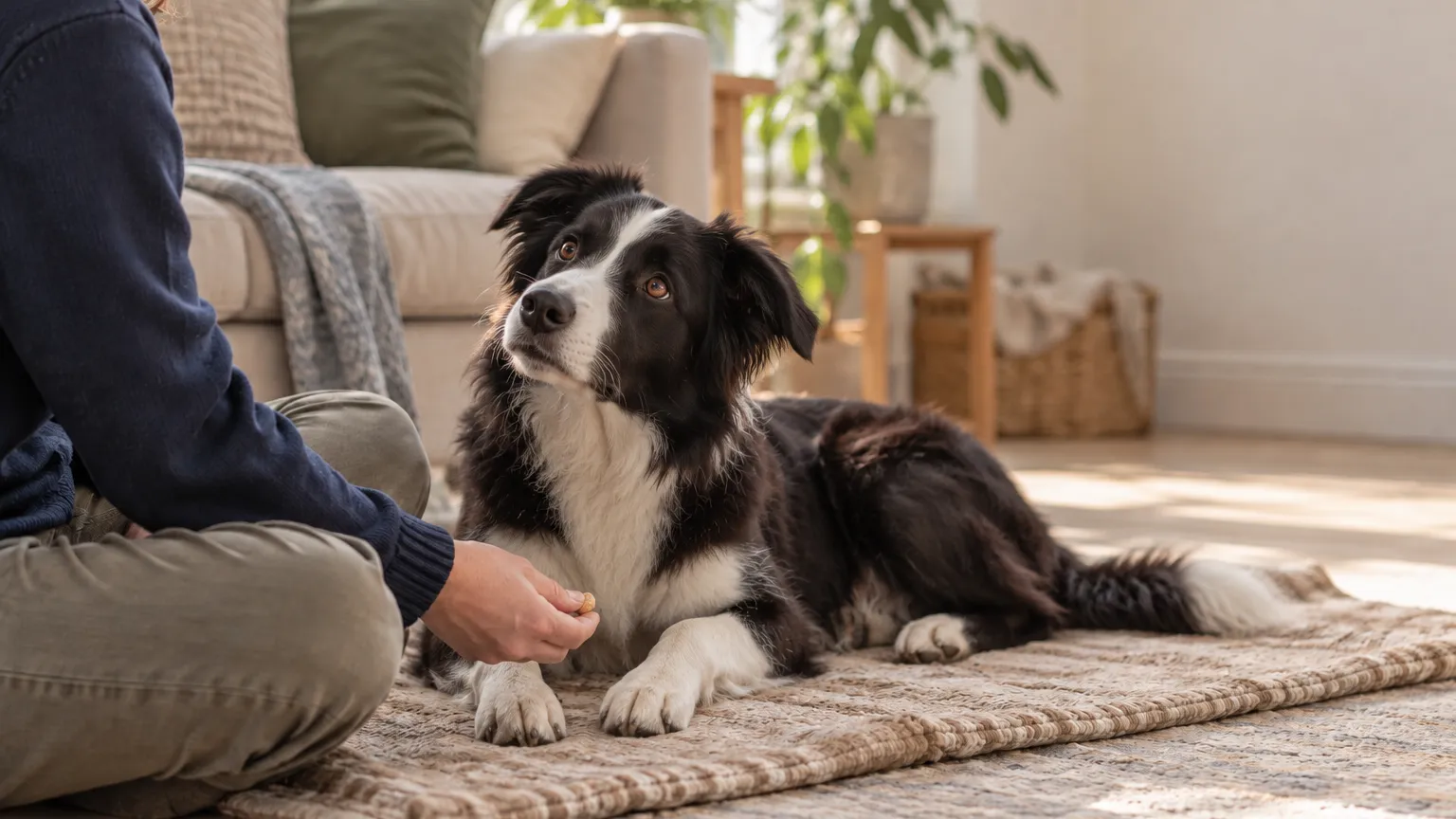 Dog calmly practicing an everyday training exercise with its owner at home