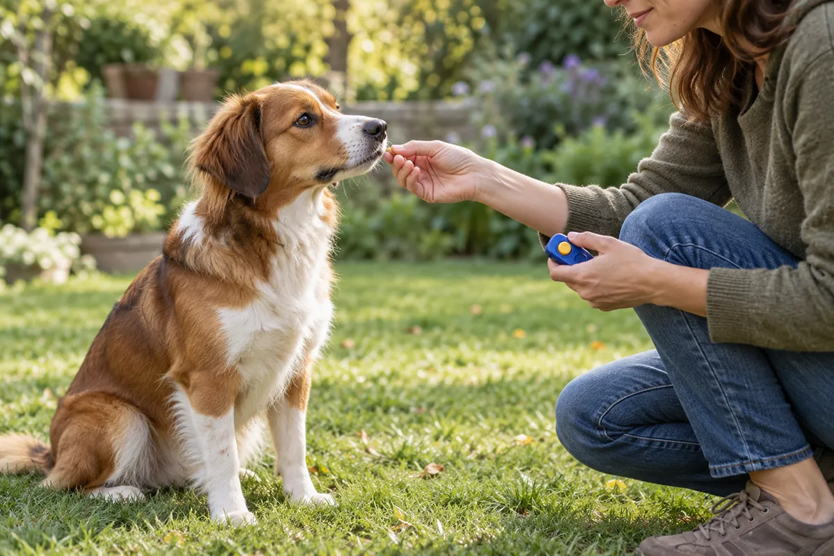 Dog paying attention during a beginner clicker training session with its owner.