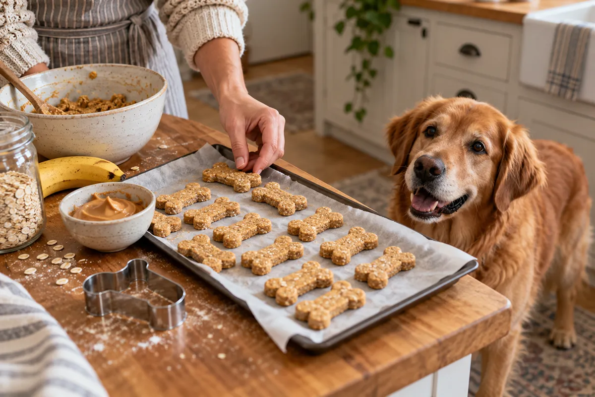 Homemade dog treats on a kitchen counter with a dog nearby.
