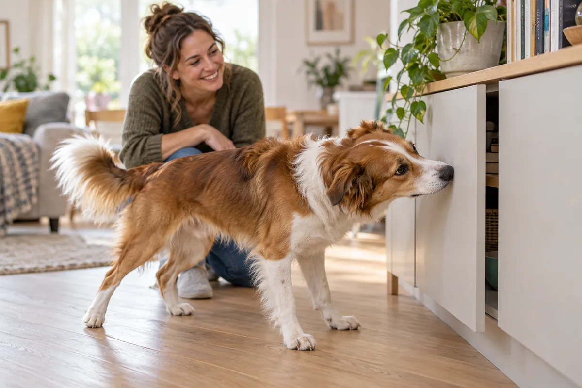 Dog enjoying a playful training game at home with its owner.