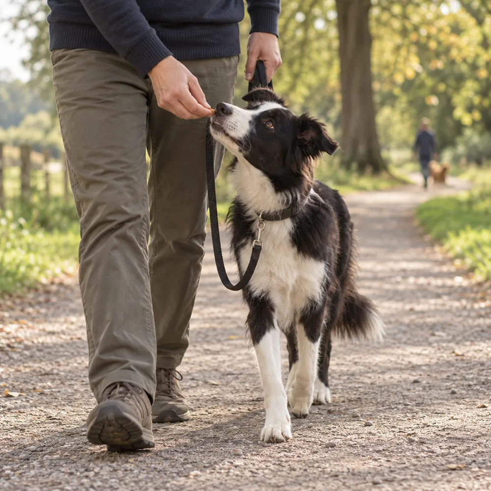 Dog walking on a loose leash and checking in with its owner