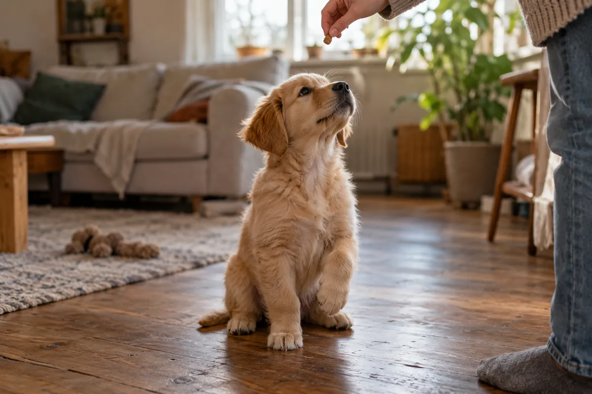 Puppy learning through positive dog training at home