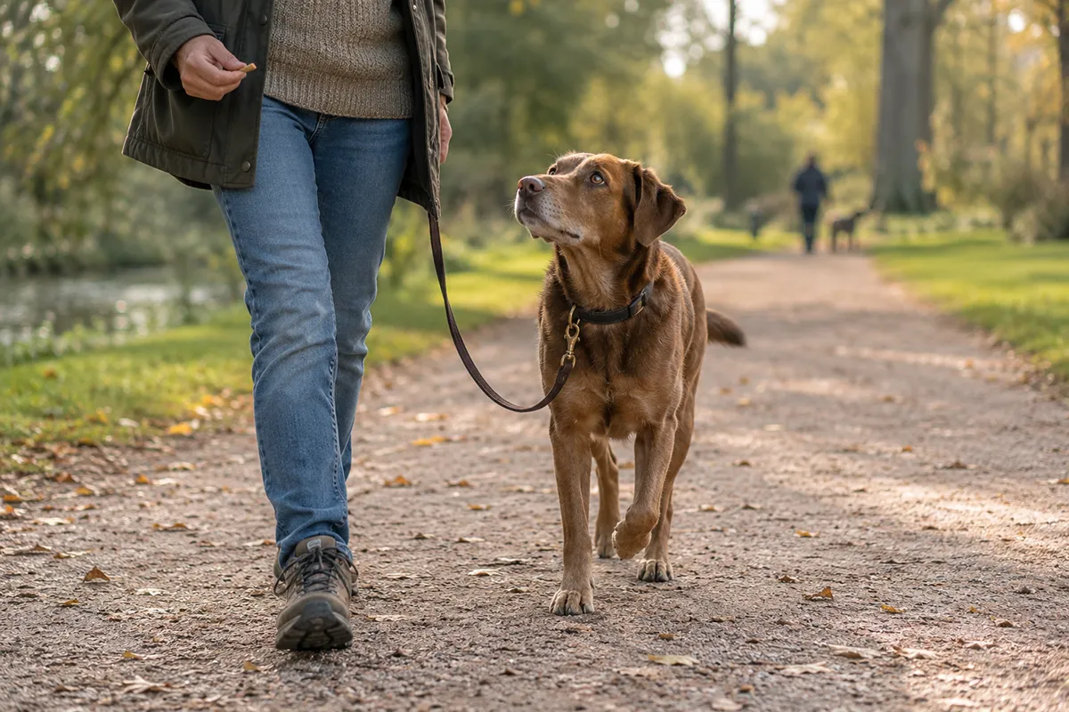 Dog calmly focusing on its owner during a walk